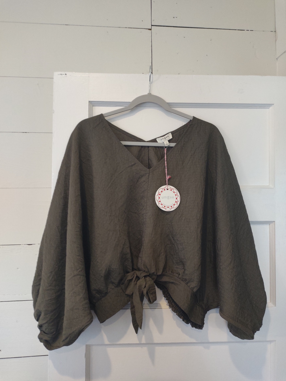 Umgee Olive Green Tie-Front V-Neck Women’s Top